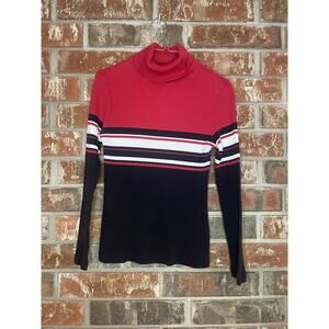 VTG Ribbed Racer Stripe Turtleneck Womens Red XS 90s Y2K Classic Normcore Casual